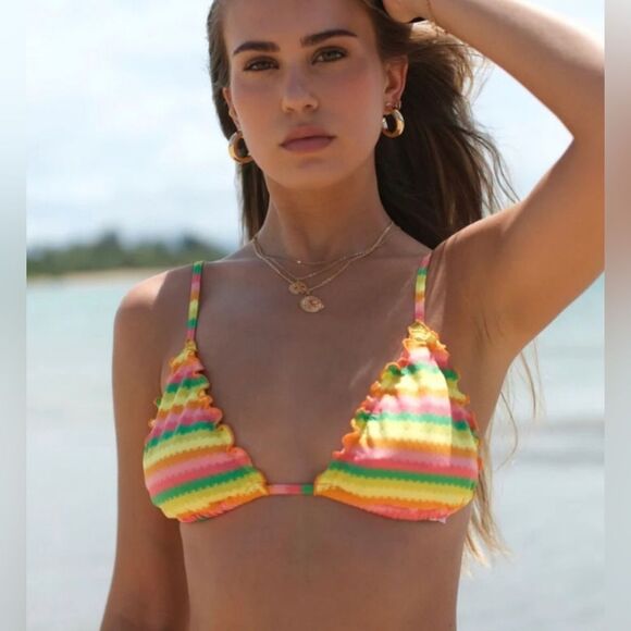 NWT L*Space Maggie Ruffle Bikini Top in Under The Sun Rainbow Stripe - Size XS - Picture 1 of 6
